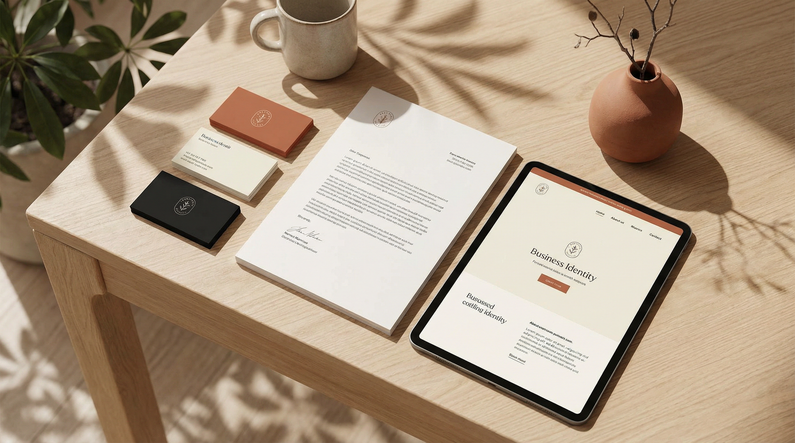 Bloom Botanicals brand identity mockup showing business cards, letterhead, and website